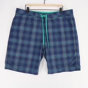 Prana Board Shorts Mens 38 Blue Plaid Swim Trunks Drawstring UPF 50 Pocket Nylon